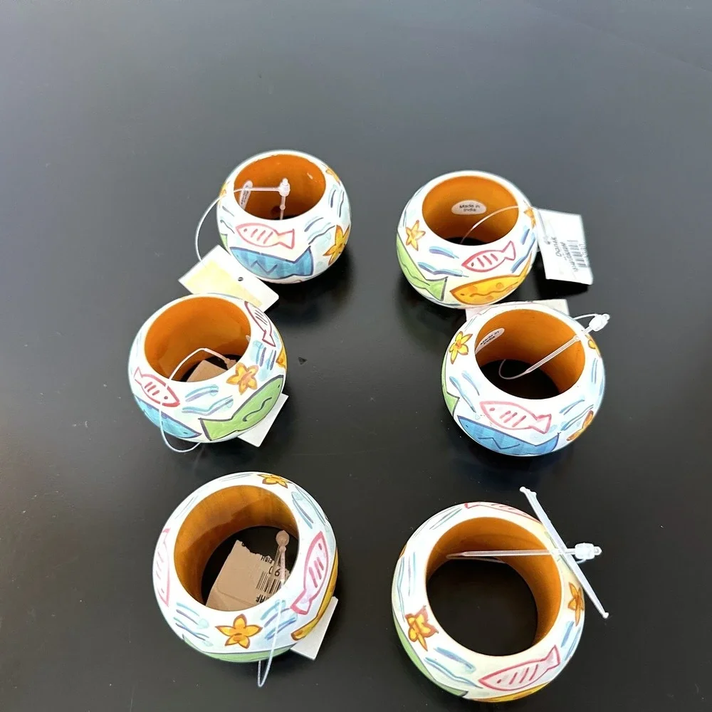 6X Dansk Napkin Rings Fish Tropical Colorful Wood or Resin Painted NEW NWT